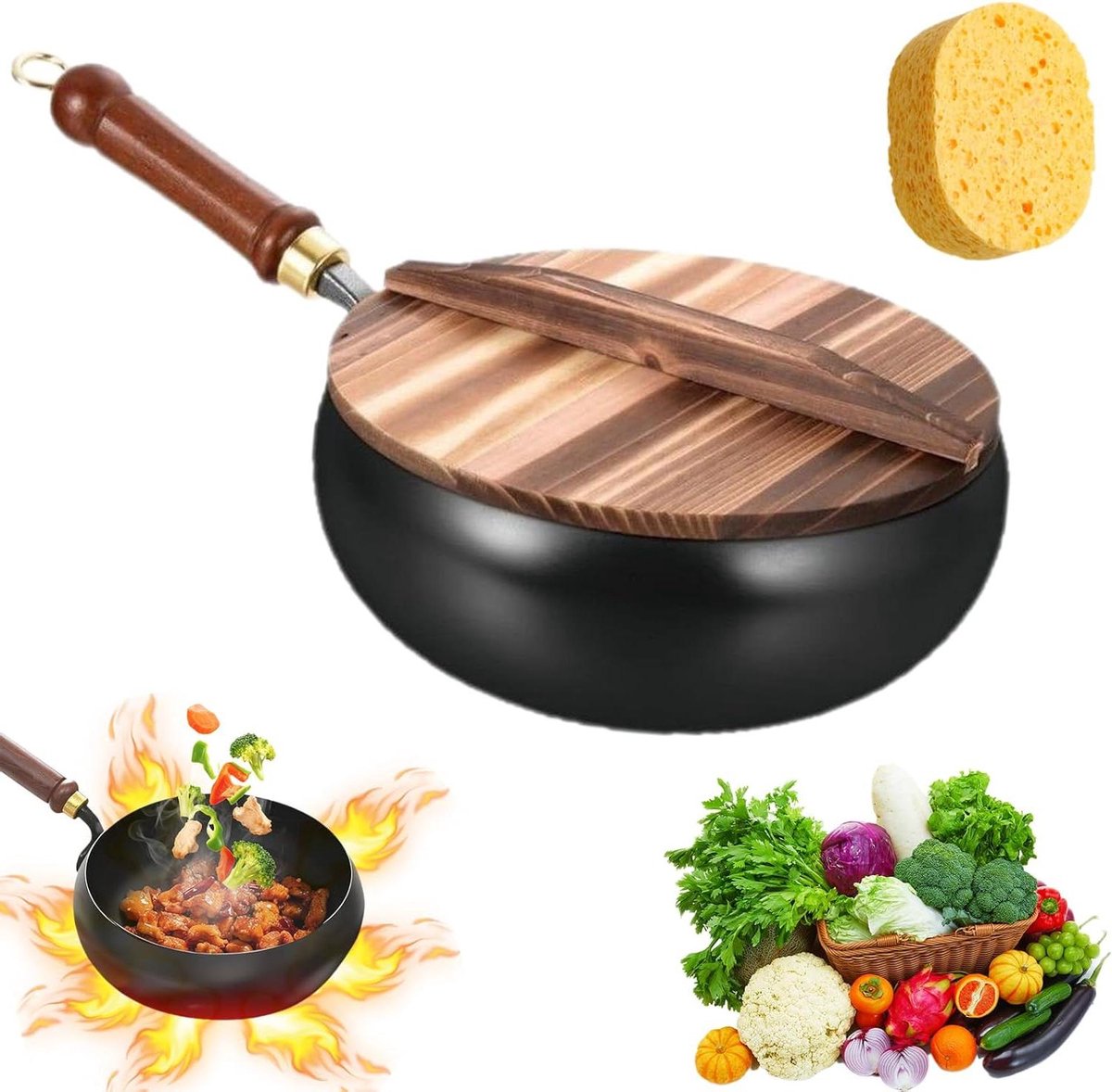 Gietijzeren Braadpan - Japanse Wok - Gezond Koken - Handgemaakt Smeedwerk - 28 cm - Zwart