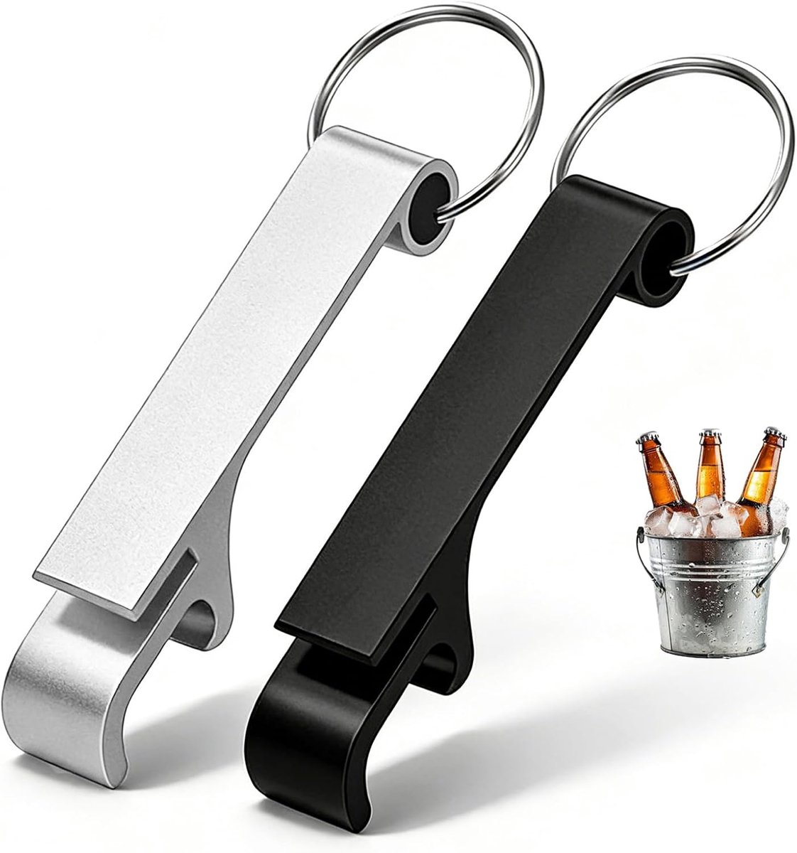 Set van twee flesopeners, professionele bieropeners van aluminiumlegering met een plat, robuust ontwerp, geschikt voor bartenders, thuisbars, keukens en feesten, zilver en zwart.