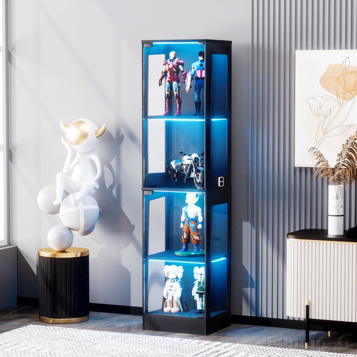 Clruro Vitrinekast - 40x35x165 cm - LED Verlichting met Sensor en Opbergruimte - Gehard Glas - Zwart