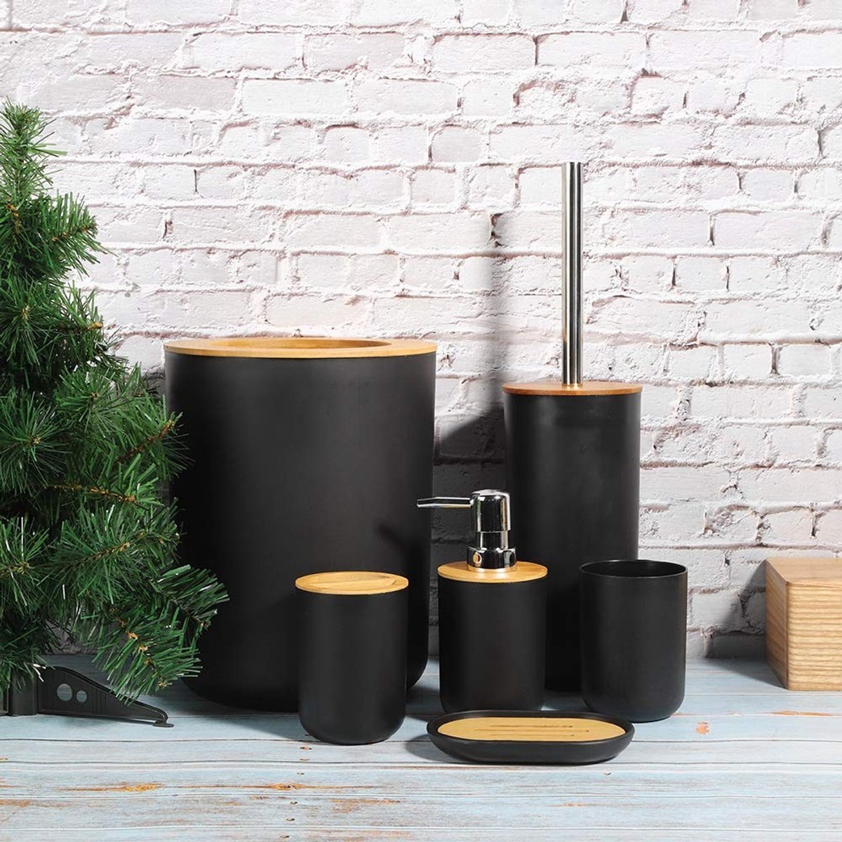 LAUZY- Badkameraccessoireset 6-delig - Zeepdispenser - Tandenborstelhouder - Vuilnisemmer - WC-borstelhouder - Duurzaam PP en bamboe - Badkamerset