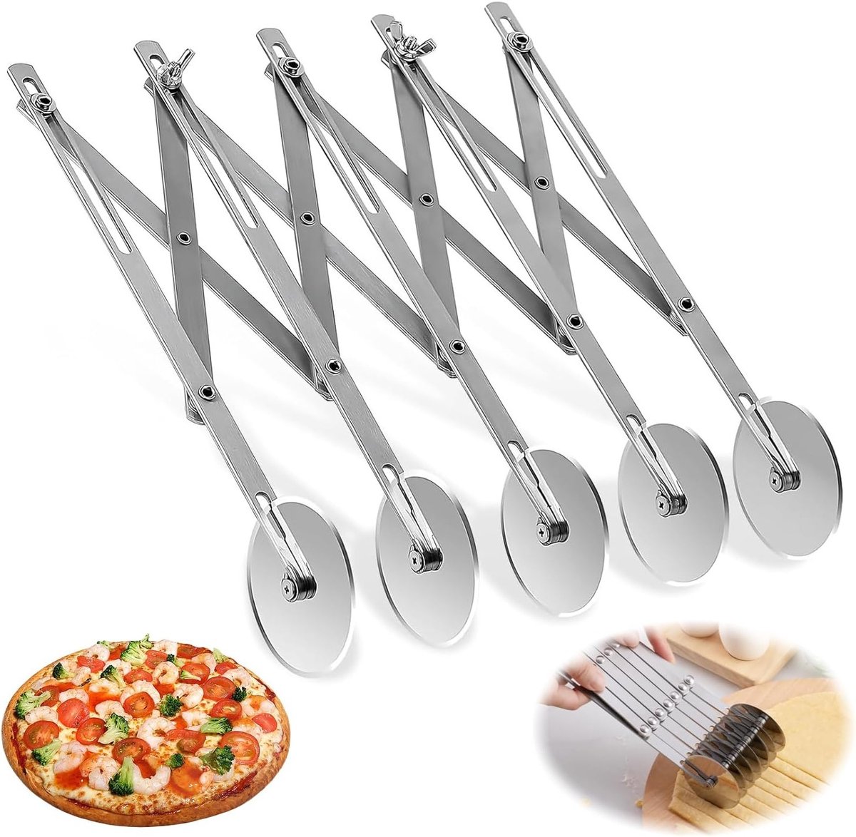 Verstelbare pizzasnijder met 5 wielen voor deeg en gebak