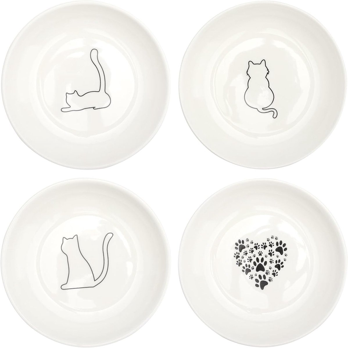 Kattenbak en Voerbak Set - 4 Stuks Keramisch - Platte Kattenvoerkommen en Voederborden