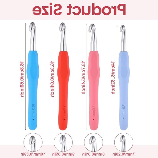 Set van 4 ergonomische haaknaalden 7mm, 8mm, 9mm, 10mm in verschillende kleuren met zachte handgreep voor beginners, ideaal voor het haken van truien, sjaals en mutsen — afbeelding 3