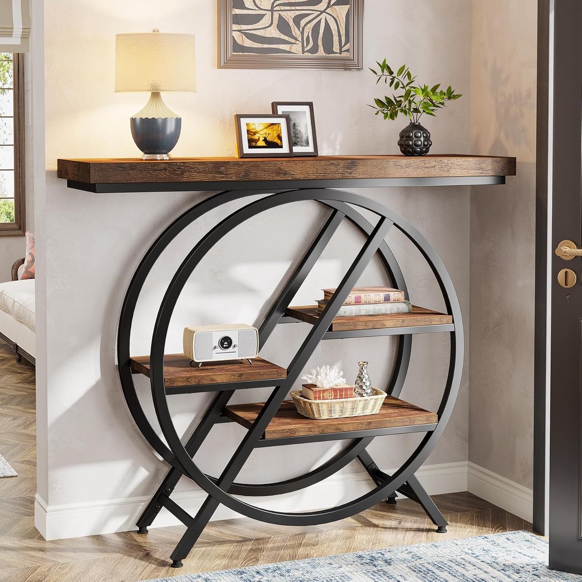 Consoletafel Industrieel - House&Garden Haltafel 100 cm - Sidetable met 4 Opbergplanken - Entreetafel met Metalen Frame en Houten Blad - Rustiek Bruin