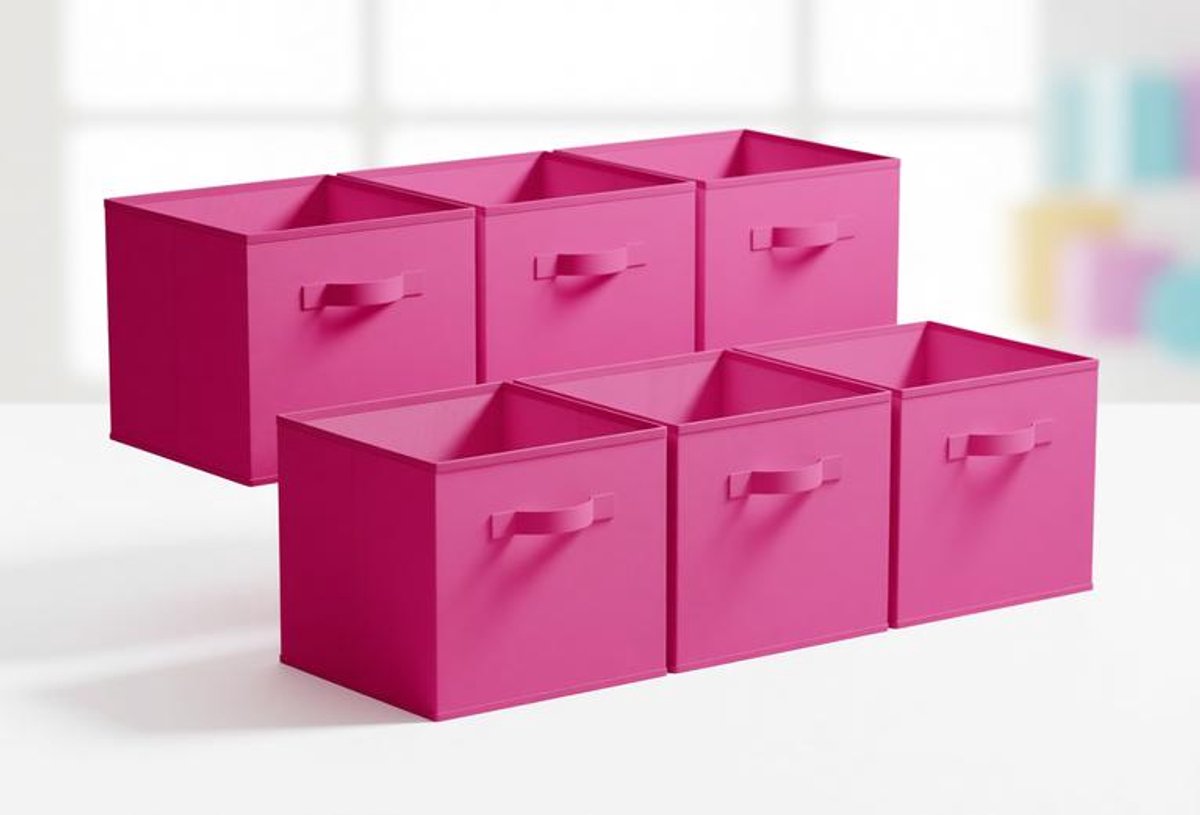 ElleMooi Set van 6 Stoffen Opbergkubussen 27x27x27 cm - Opvouwbare Opbergdozen met Handvat - Rozerood