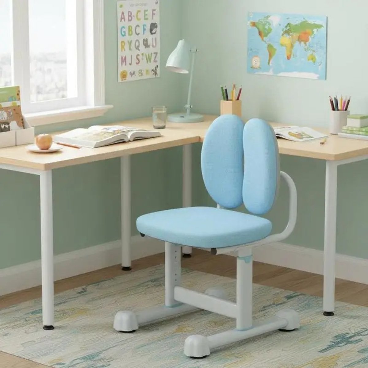 Dailygoods Kinderbureaustoel Studiestoel met dubbele lendensteun en verstelbare hoogte, gevoerde computerstoel blauw - A