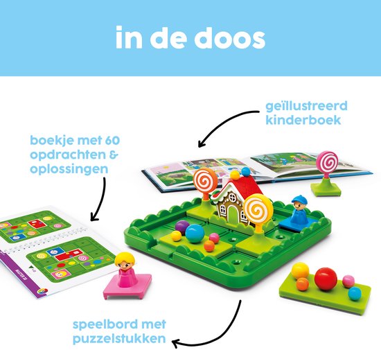Inhoud van het spel Hans & Grietje: speelbord, puzzelstukken, huisje, personages, ballen, snoepjes en een geïllustreerd kinderboek.