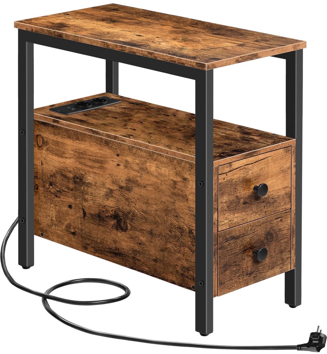 JHUBERS - Bijzettafel - Laadstation - Met 2 lades - Donkerbruin - USB-poort en stopcontact - Ideaal voor kleine ruimtes - Stabiele en robuuste cons...