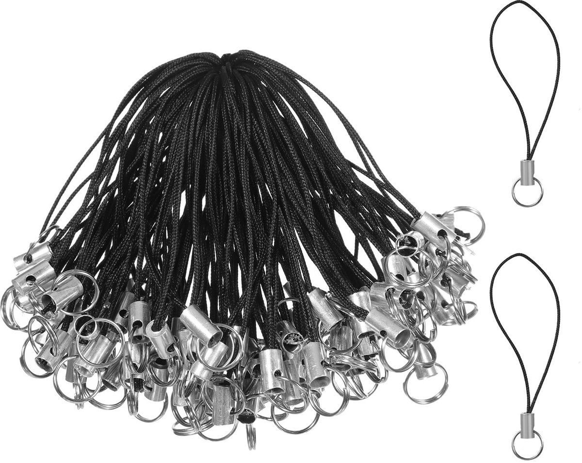 Dailygoods- Telefoonkoord 100 Stuks - Mobiele Telefoonhanger - Karabijnhaak/Splitring - Zwart - Lichtgewicht/Scheurvast - Hoogwaardig Materiaal - Sleutelhanger