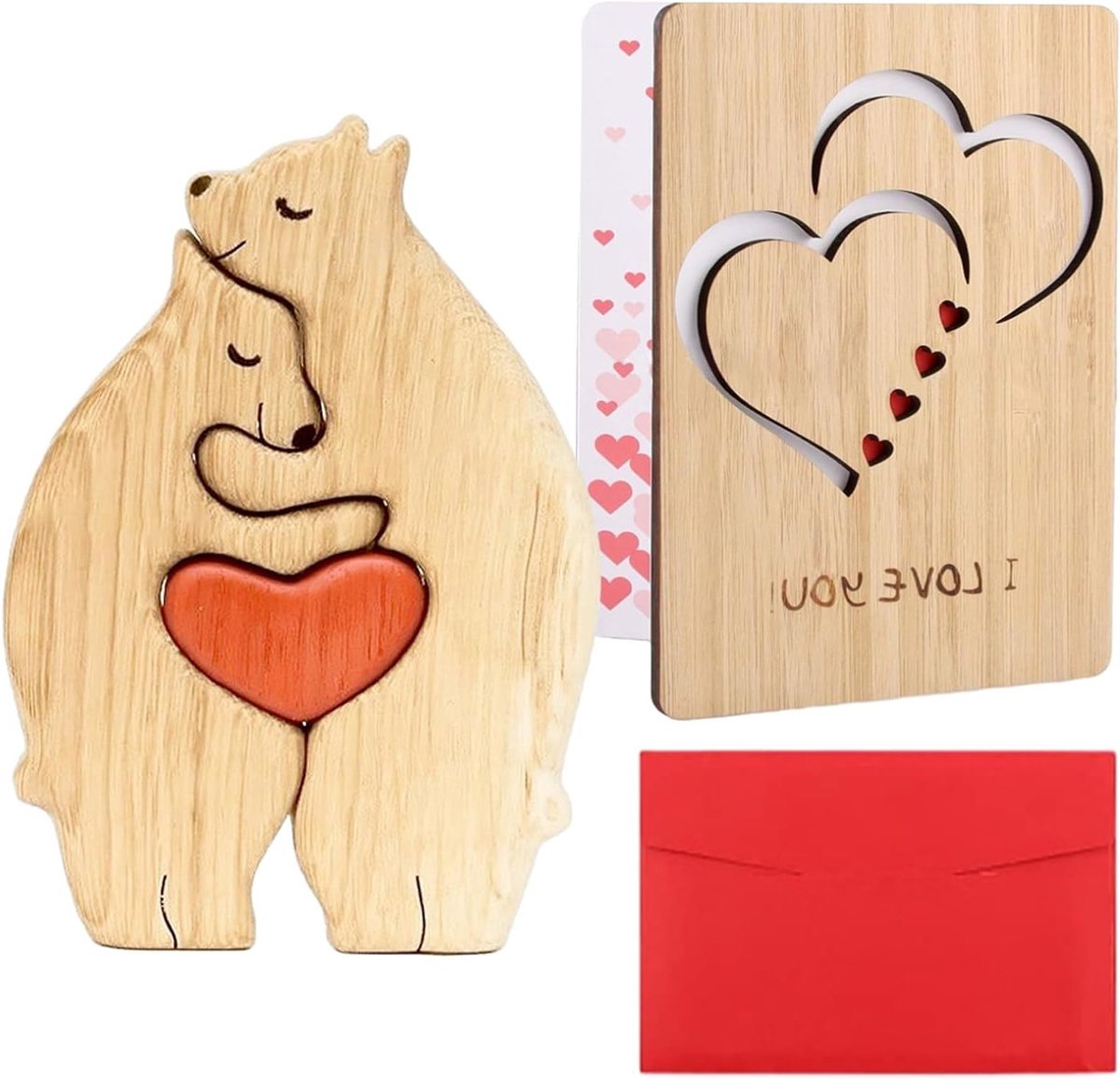 SnelShoppen - 2-delige Houten Verjaardagskaarten Set met Beer Puzzel, Handgemaakte Valentijnskaart voor I Love You, Voor Vrouw en Man