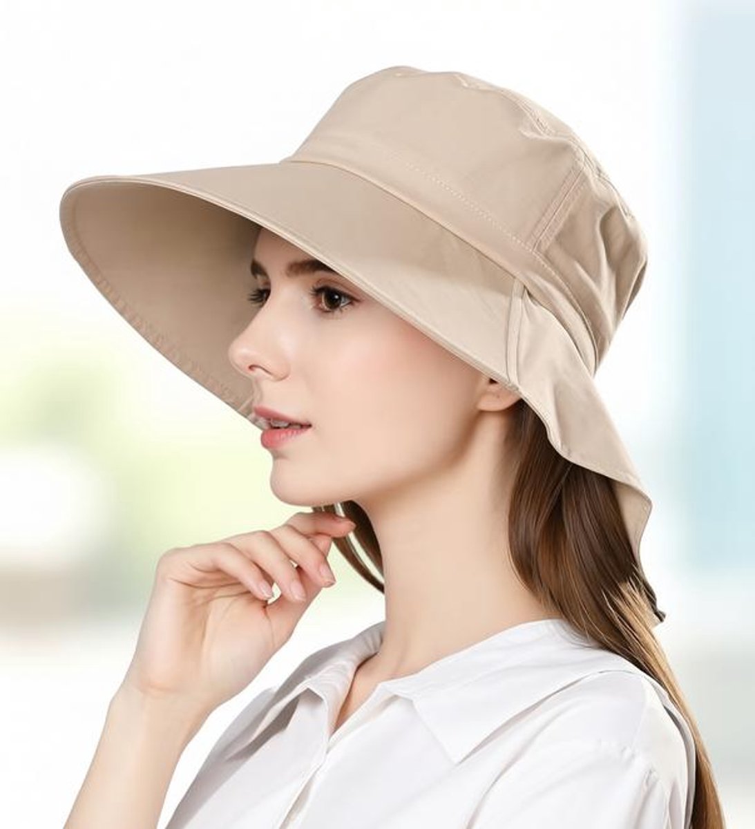 ElleMooi Zonnehoed voor dames, UPF 50+, zonnebescherming, zomerhoed met nekbescherming, brede rand, outdoor tuinhoed, opvouwbaar, L