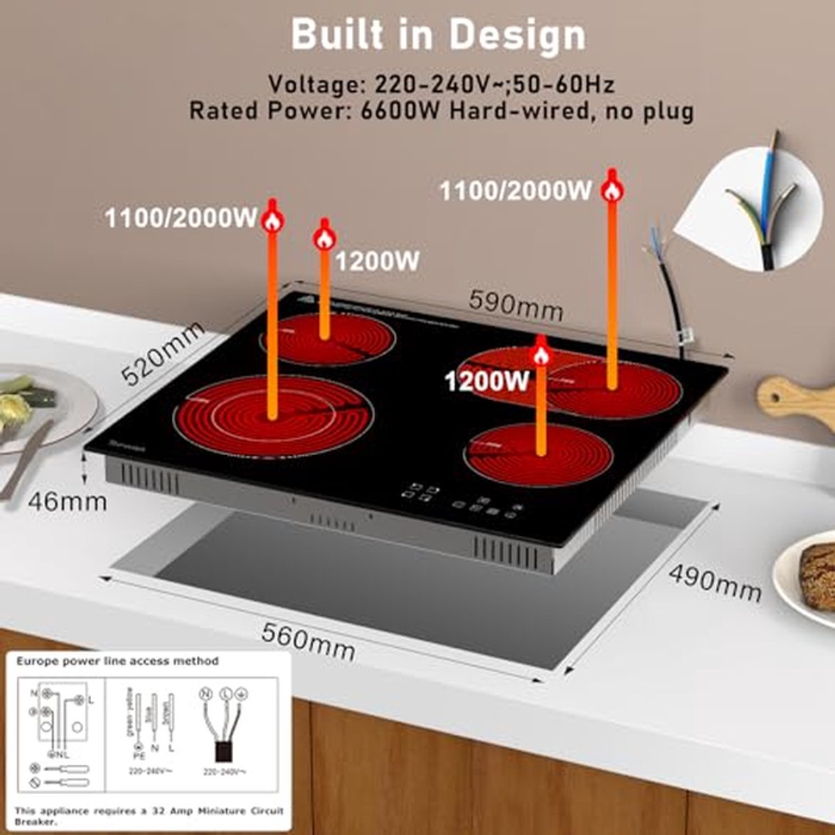 Keramische Kookplaat - Elektrisch Fornuis - Efficiënt Koken - Dubbele Ring Zone - 60 cm - Zwart