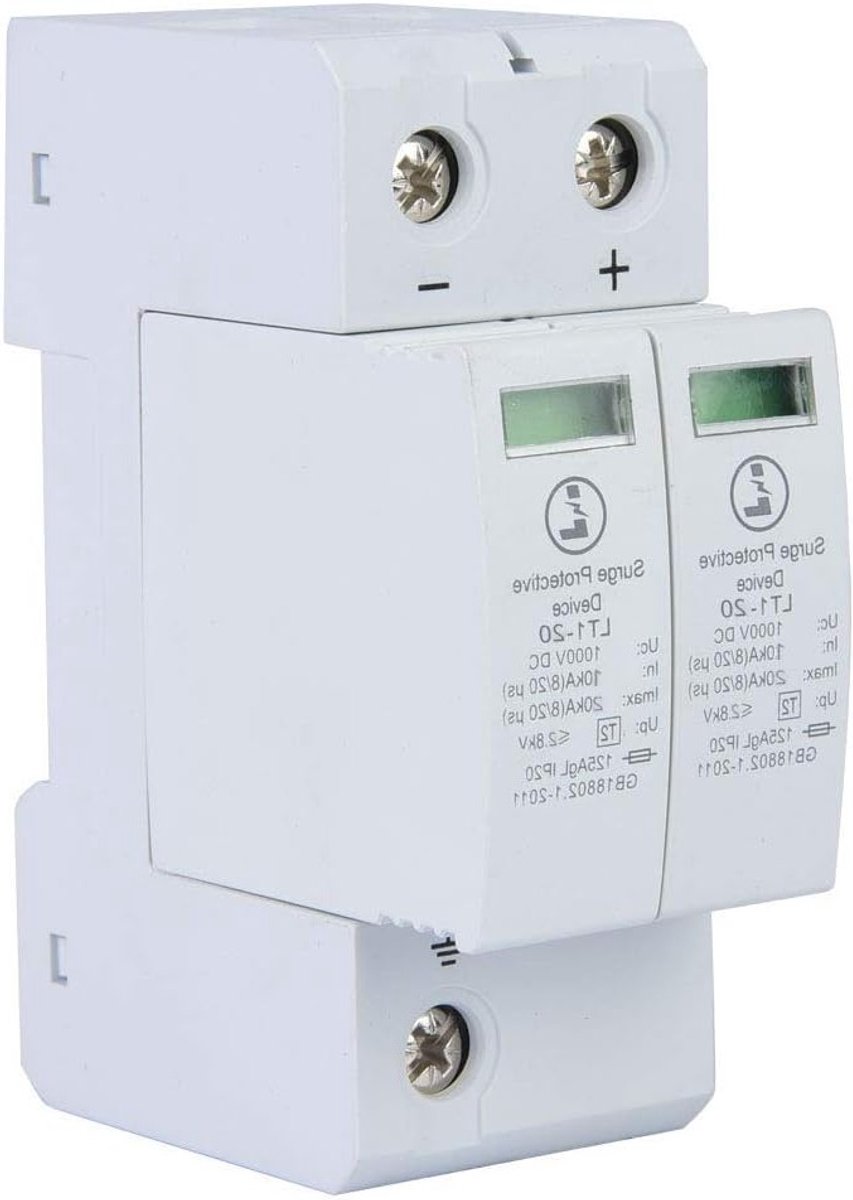 Overspanningsbeveiliging 1000 V DC fotovoltaïsche bescherming - bliksemafleider lage spanning - standaard kabelrail (2P 20ka) .