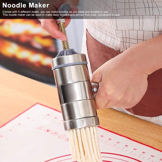 Pastamachine Handmatig - Noodle Maker - Zelf Pasta Maken - 5 Vormen - 13 x 13.7 cm - Zilver van Pastamachine — afbeelding 4