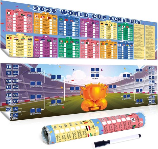 Set calendrier Coupe du monde 2026 - Affiche calendrier - Marqueur inclus - Calendrier à remplir phase de groupes & élimination directe - Multicolore