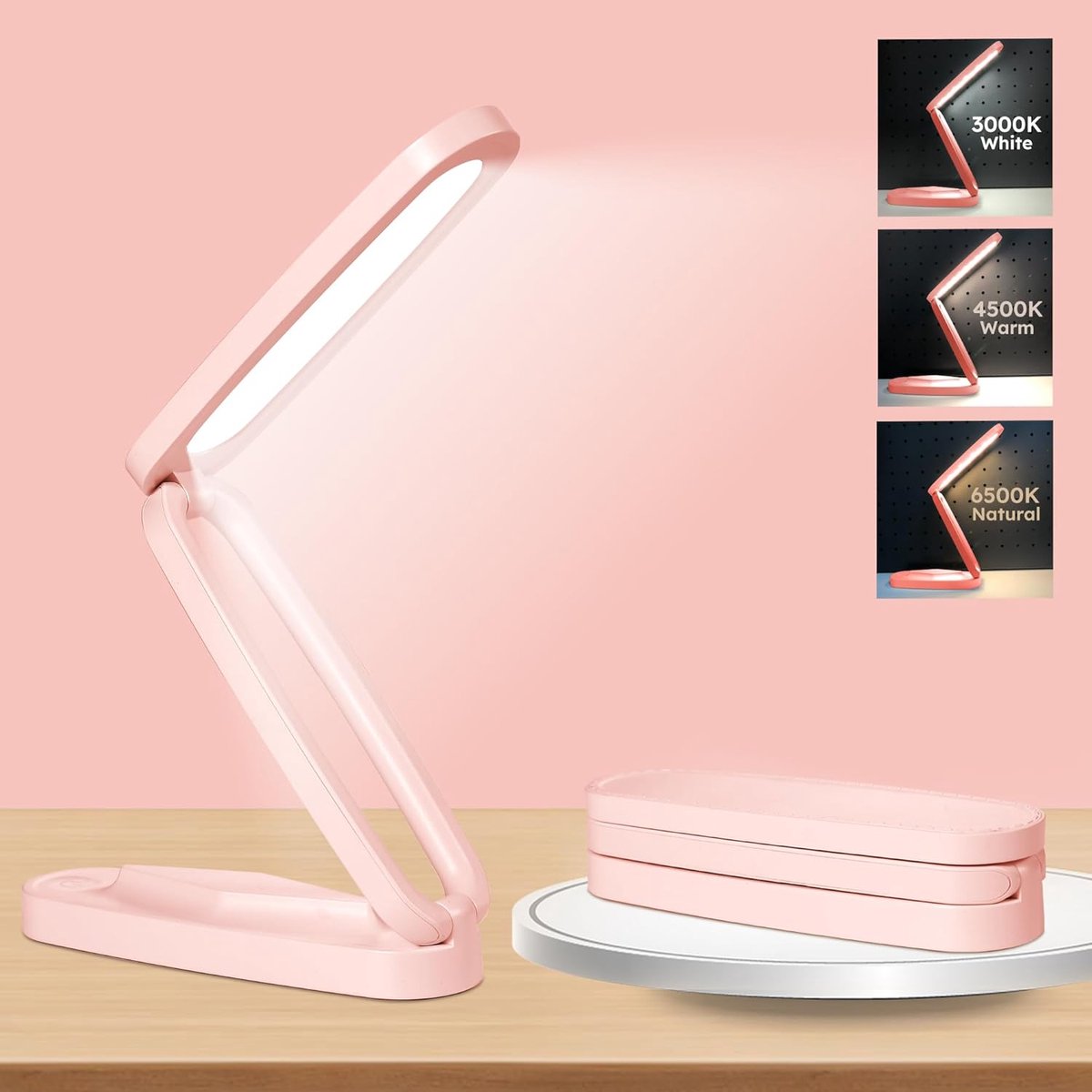 ZVD Roze oplaadbare bureaulamp – Compacte, draadloze LED-leeslamp op batterijen voor kantoor en thuis; opvouwbaar en draagbaar, dimbaar met 3 kleurtemperaturen en instelbare helderheid.