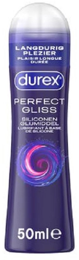 Gel lubrifiant silicone Durex Perfect Gliss dans une bouteille bleu foncé avec un cercle tourbillonnant violet et rose. 50ml.