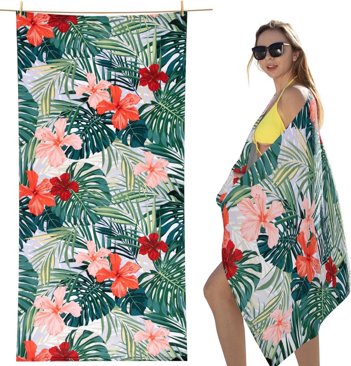 Strandlaken - Strandlaken microvezel - grote strandhanddoek met tropische bloemenprint - zandafstotend en sneldrogend - geschikt voor bij het zwembad - draagbare reishanddoek - 160*80 cm