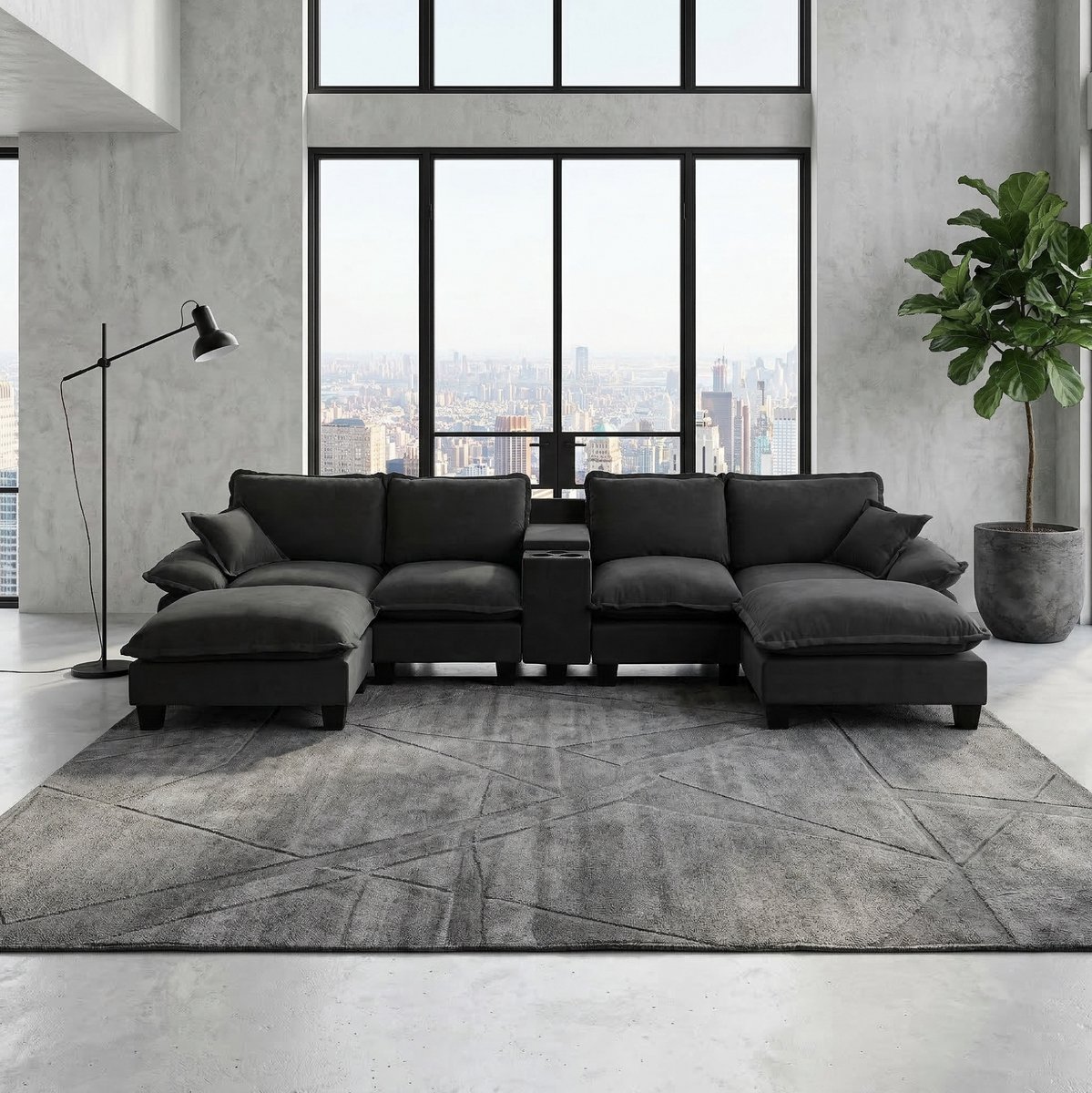 OKWISH U-Bank 362 x 151 cm - Met Usb, Opbergruimte En Bekerhouders - Voor Woonkamer Of Appartement - Chenille - Zwart