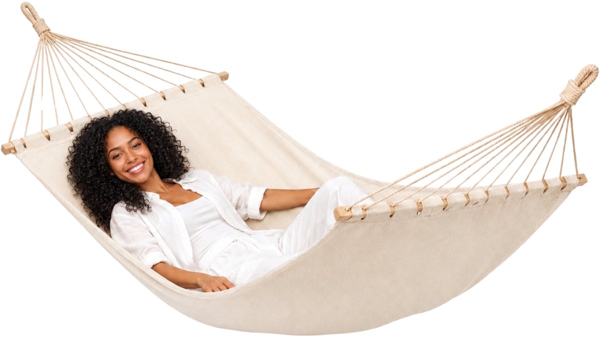 XXL Hangmat met Spreidstok 200x120 cm Beige - Dubbele Hangmat 2 Personen Indoor Outdoor 100% Katoen Balkon Tuin Terras Camping Reishangmat Schommel Ligmat XL