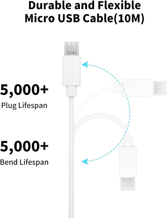 Micro-USB-kabel, 10 m, lange oplaadkabel geschikt voor Mi 360° Home Security Camera 2K Pro/360° Home Bewakingscamera 2K/Smart Camera C300 C200, type A naar Micro USB-oplaadkabel voor beveiligingscamera, wit — afbeelding 5
