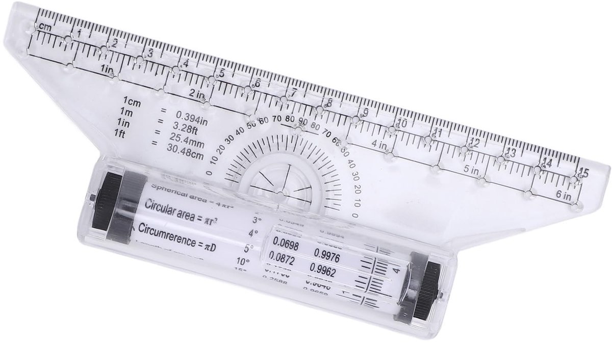 Dailygoods- Rolliniaal 15 Cm - Meetinstrument met Gradenboog - Precisie Meetgereedschap - Cirkelontwerp voor Cirkels/Ovalen - Duidelijke Schalen en Formules - Tekenliniaal