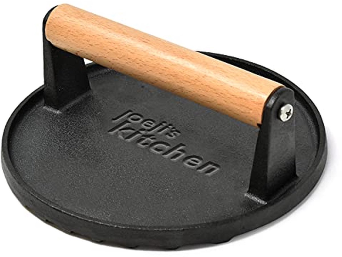 Gietijzeren Burgerpers Vleespers Grill Perfect Grillen Geribbeld Antiaanbak 17.5 cm Zwart