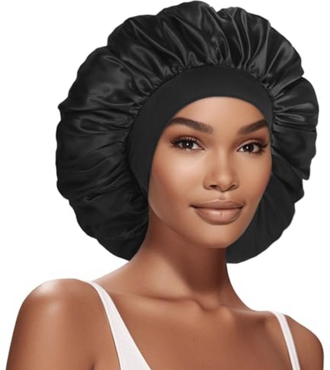 Zijden Haar Bonnet - Slaapmuts - Haar Beschermen - Oversized Pasvorm - 43 cm - Zwart