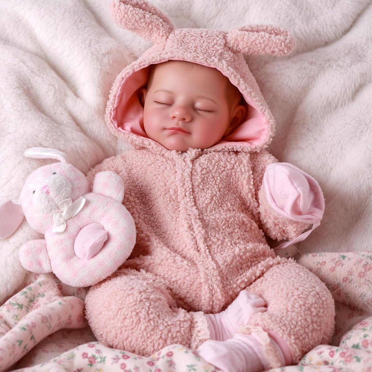 Reborn Babypop - Slapende baby - Knuffelen en Spelen - Volledig stoffen lijfje - 50 cm - Roze outfit