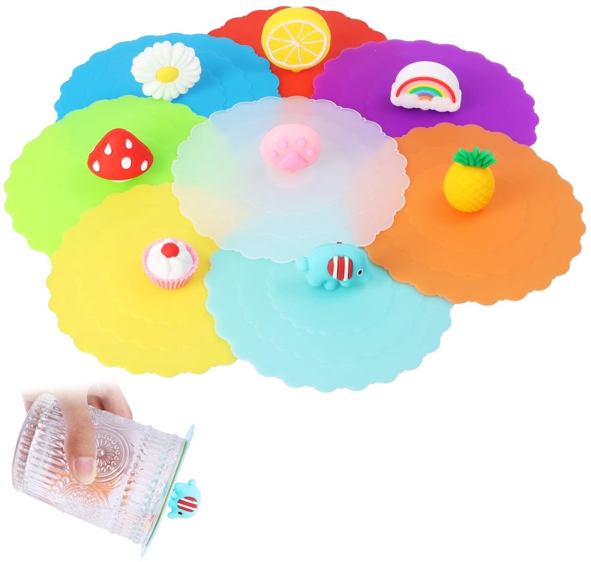 Dailygoods- Silicone Bekerdeksel Set van 8 - Herbruikbaar - Antidust - Lekvrij - Geschikt voor Bekers tot 10 cm - Milieuvriendelijk Silicoon
