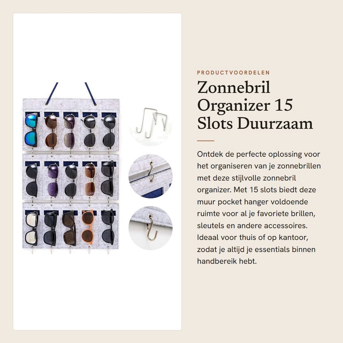 Dailygoods- Zonnebril Organizer 15 Slots - Brillenkoker - Brillendoos - Wandopslag - Afneembaar - Vilt Muur Pocket Hanger - Brillenhouder