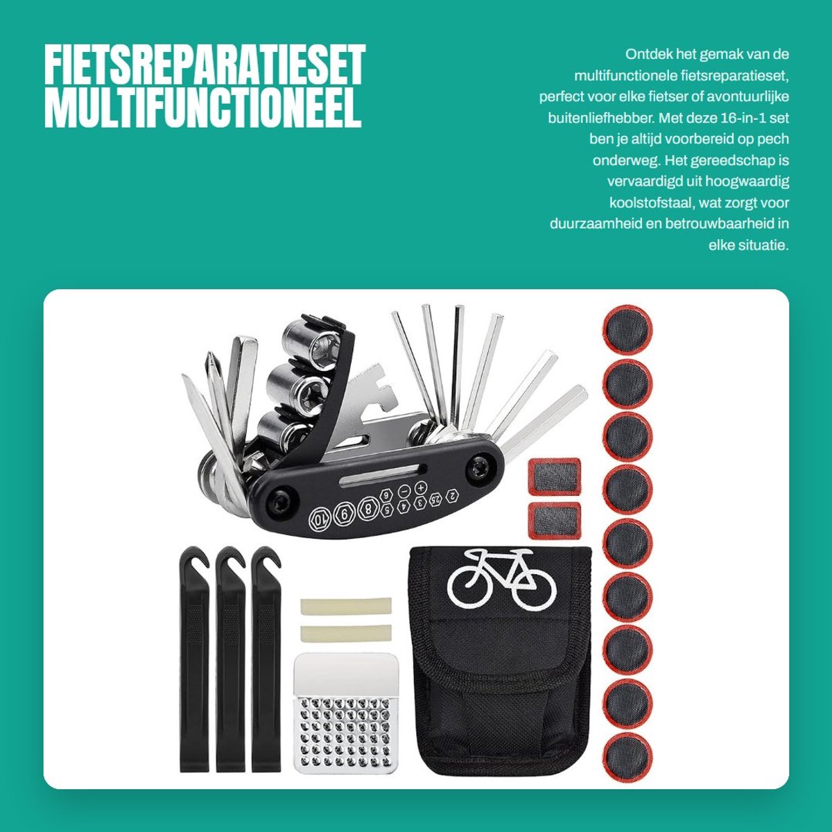Dailygoods- Fietsreparatieset 16-in-1 - Multifunctioneel Gereedschap - Bandenreparatieset - Opbergtas - Duurzaam - Hoogwaardige Koolstofstaal - Reparatieset