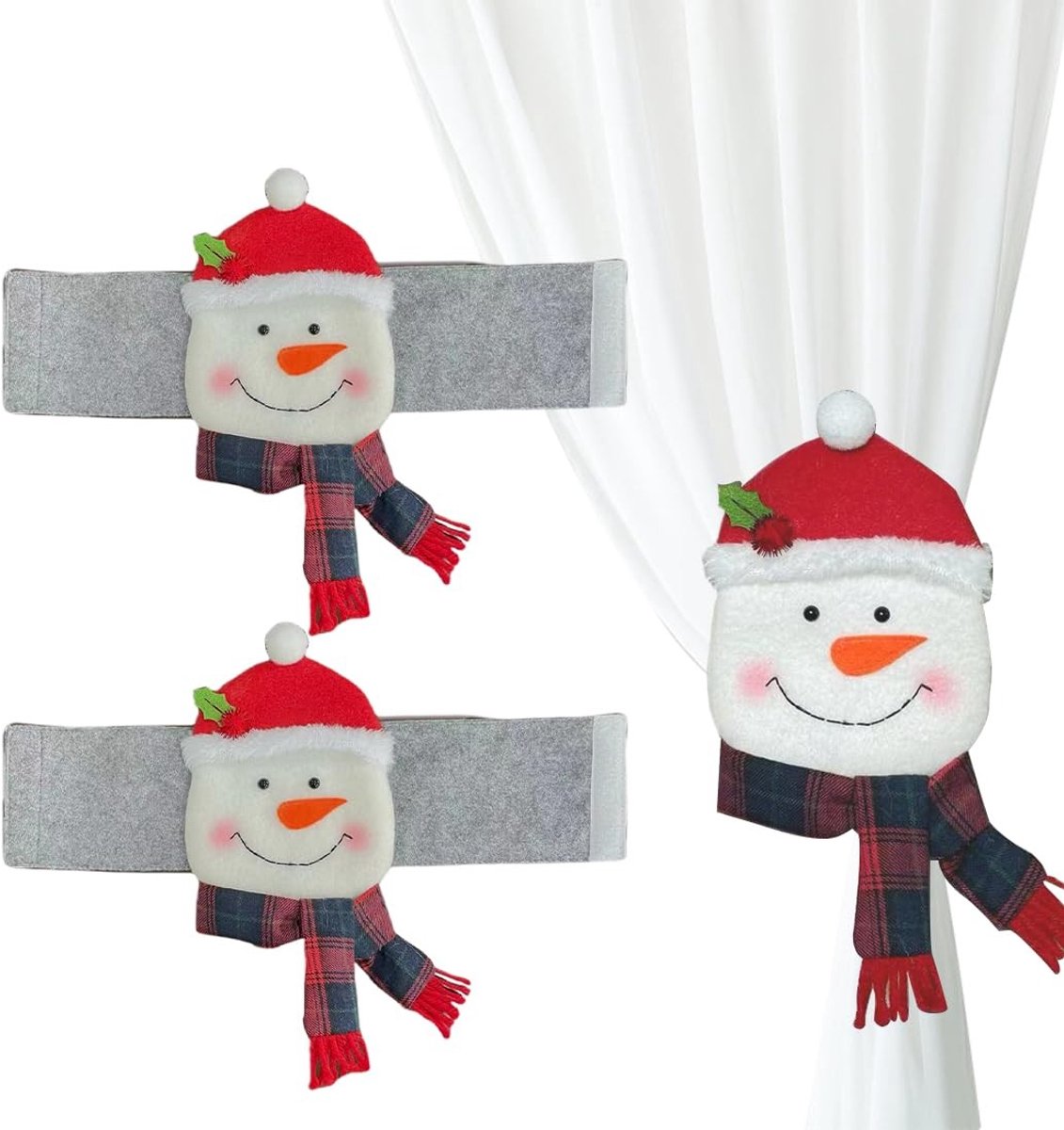 Dailygoods- Embrasses 2 stuks - Verstelbare Gordijnclips - Kerstman/Sneeuwpop Motief - Decoratie voor Gordijnen - Creatief Design - Afmeting 18 x 37 cm