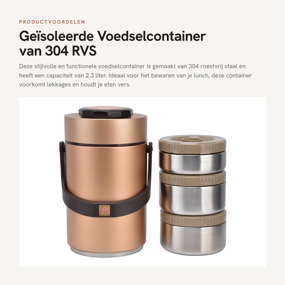 Dailygoods- Voedselcontainer 3 Lagen - Geïsoleerd - Vacuüm Lunchbox - RVS - Lekkagevrij - Capaciteit 2300ml - Hoogte 24,5 cm