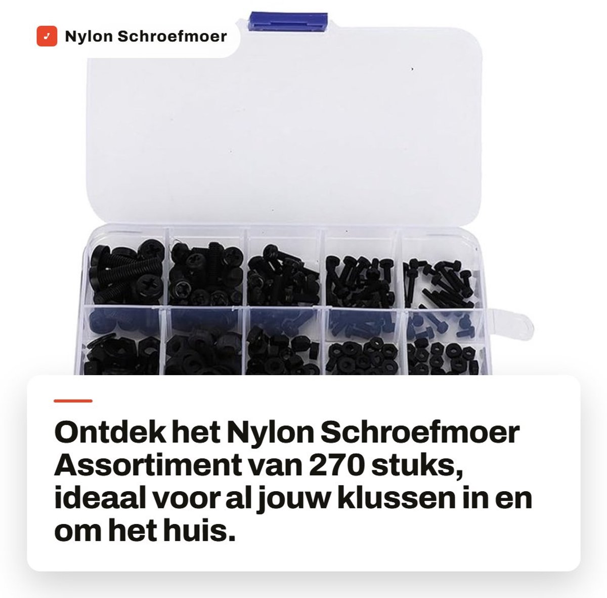 Dailygoods- Schroefmoer Assortiment 270-Delig - Nylon Bevestigingsmaterialen - M2/M2.5/M3/M4/M5 - Zwart - Inclusief Schroeven/Sluitringen - Geschikt voor Wasmachine - Bevestigingsmateriaal