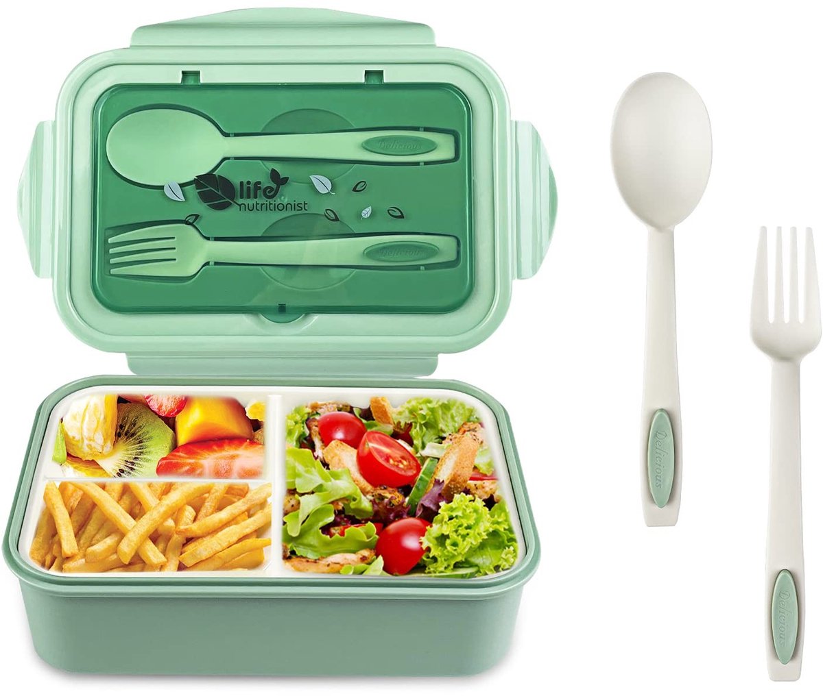 Dailygoods - Lunchbox - Bento - Ingebouwd bestek - Groen - Lekvrij - Geschikt voor school, werk, kantoor - 3 compartimenten