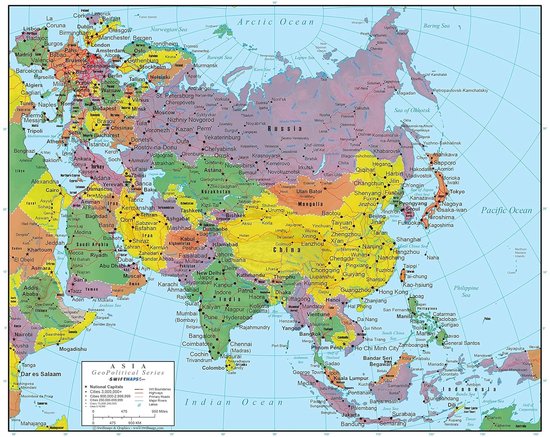 Een politieke wereldkaart met de nadruk op Azië en de omliggende continenten, met steden, landen en geografische kenmerken.