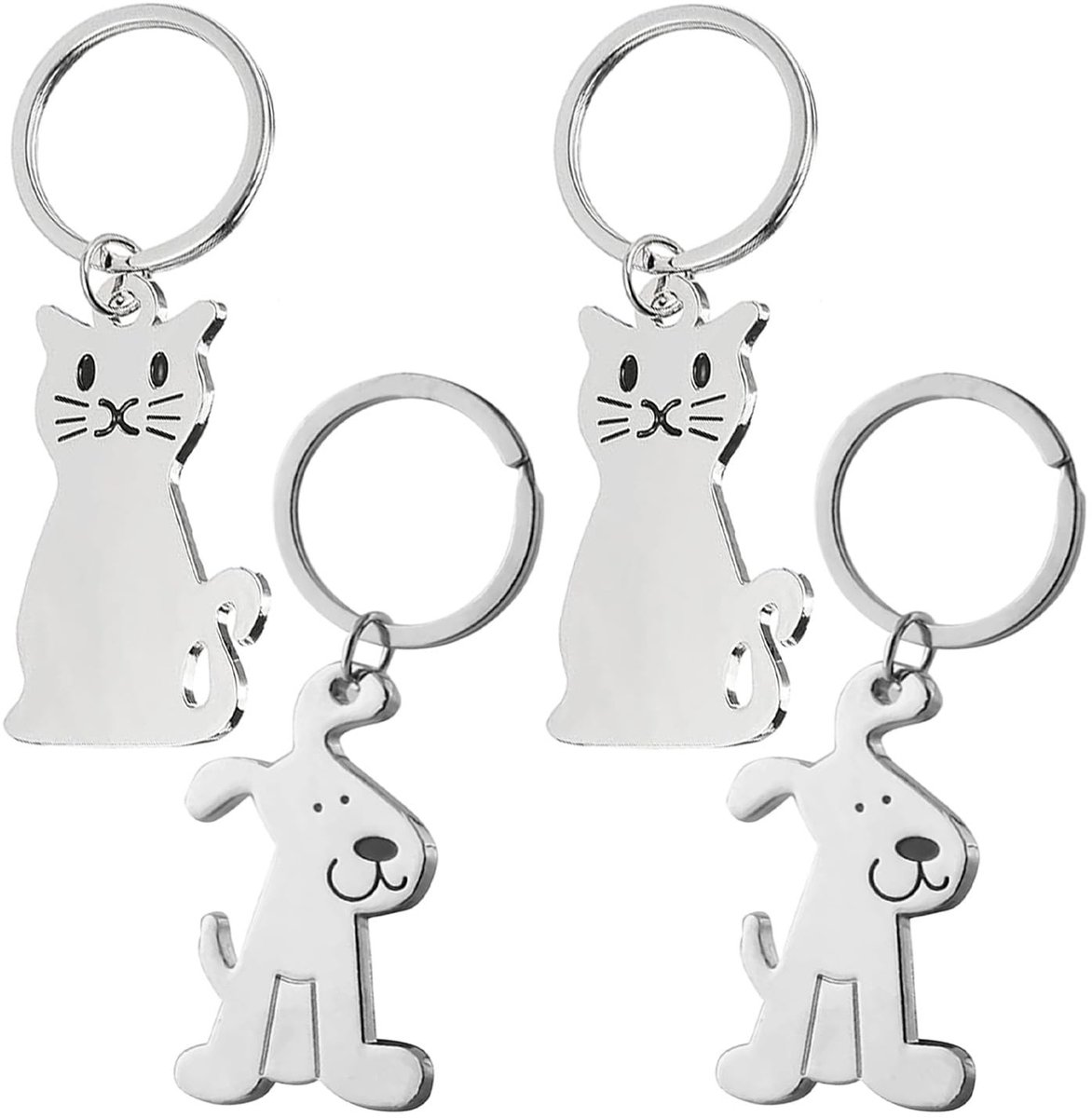 Dailygoods- Sleutelhangers 4 stuks - Dierenpatroon - Hondensleutelhanger/Kattensleutelhanger - Roestvrij staal - Zilver - Hoogwaardig materiaal - Dierenaccessoire