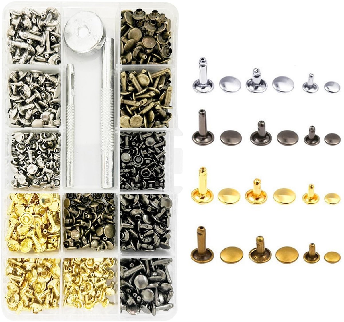 Dailygoods- Nietenset 360-delig - Bevestigingsgereedschappen - Dubbelkopsnijders - Lederneppen - Metalen Spijkers - Opbergkist 17,2 x 9,5 x 2,3 cm - Klinknagels
