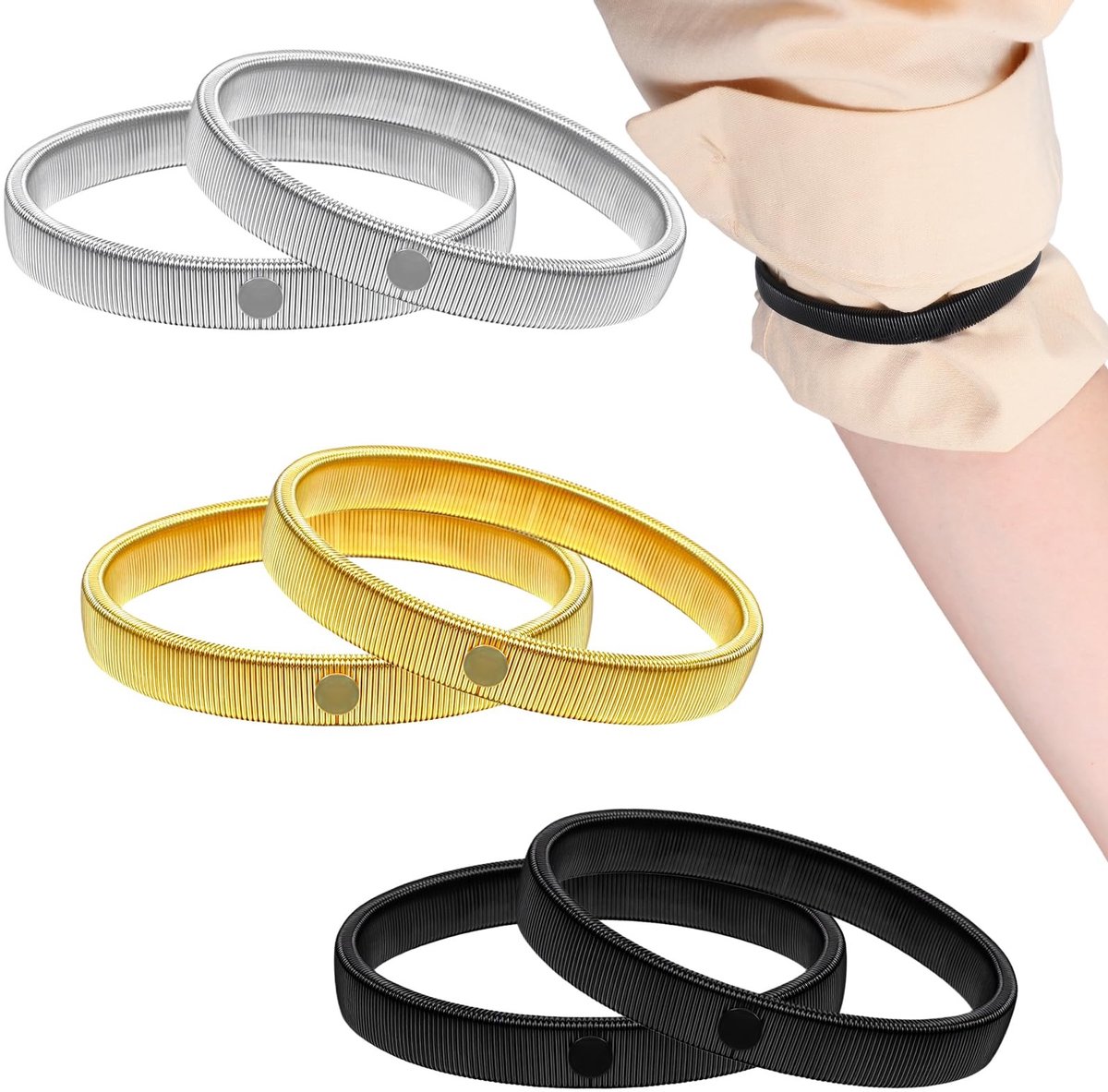Dailygoods- Mouwhouders 6 Stuks - Elastische Metalen Mouwhouders - Antislip Armbanden - Hemdmouwhouders - Voor Dames/Heren - Veerbelast en Rekbaar - Mouwbanden
