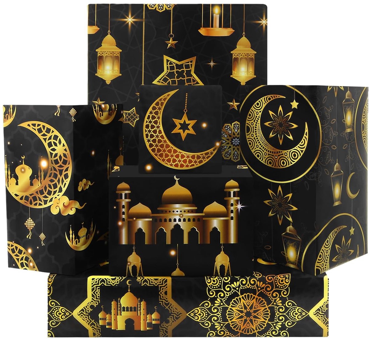 Dailygoods- Inpakpapier Luxe 6 Vellen - Eid Mubarak Ontwerpen - Stermaan/Moskee/Lantaarn - Ramadan Cadeaupapier - Hoogwaardige 80GSM Kwaliteit