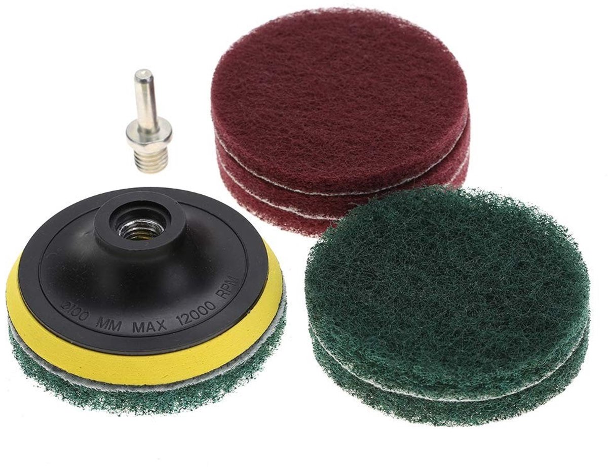 Dailygoods- Tegelschrobber 10 cm - Compleet Schrobset - Metalen As - Nylon Reinigingspads - 6 Stuks - Geschikt voor Tegels/Vloeren - Schoonmaakborstel