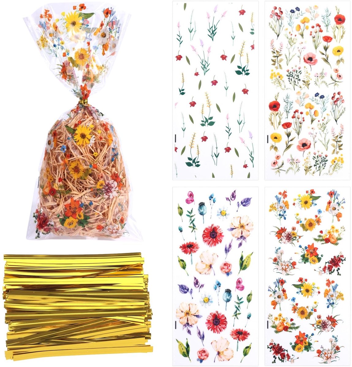 Dailygoods- Bloemenkoekzakken 100 Stuks - Cellofaan Traktatiezakjes - Snoepzakjes - Geschenkverpakking - 4 Stijlen - Kleur: Kleurrijk - Materiaal: OPP