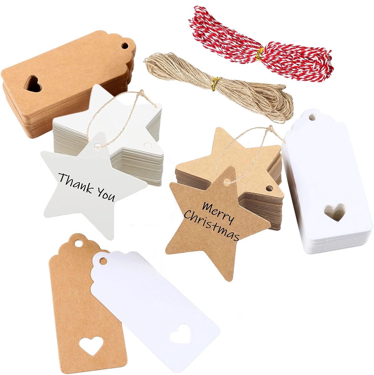 Dailygoods- Cadeauhangers 200 stuks - Kraftpapier - Labels met 10 m jute draad - Decoratie - Dubbelzijdig - Hartvormige etiketten