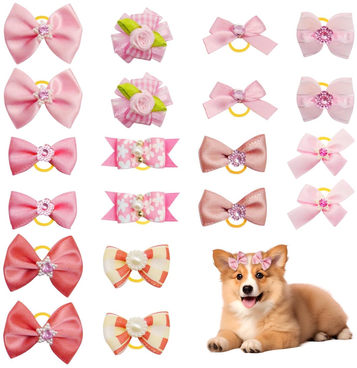 Dailygoods- Haarstrikken Set van 20 - Kleurrijke Strikken - Modieuze Puppyhaarstrikken - Elastische Hondenstrikken - Vrouwelijk Ontwerp - Edelstenen Detail - Hondenaccessoires