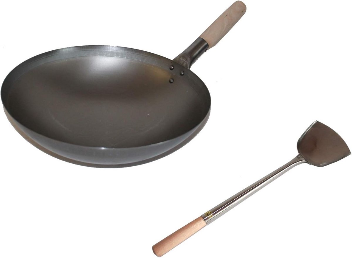 Wok set Koekenpan Aziatisch koken Koolstofstaal 33 cm Zwart