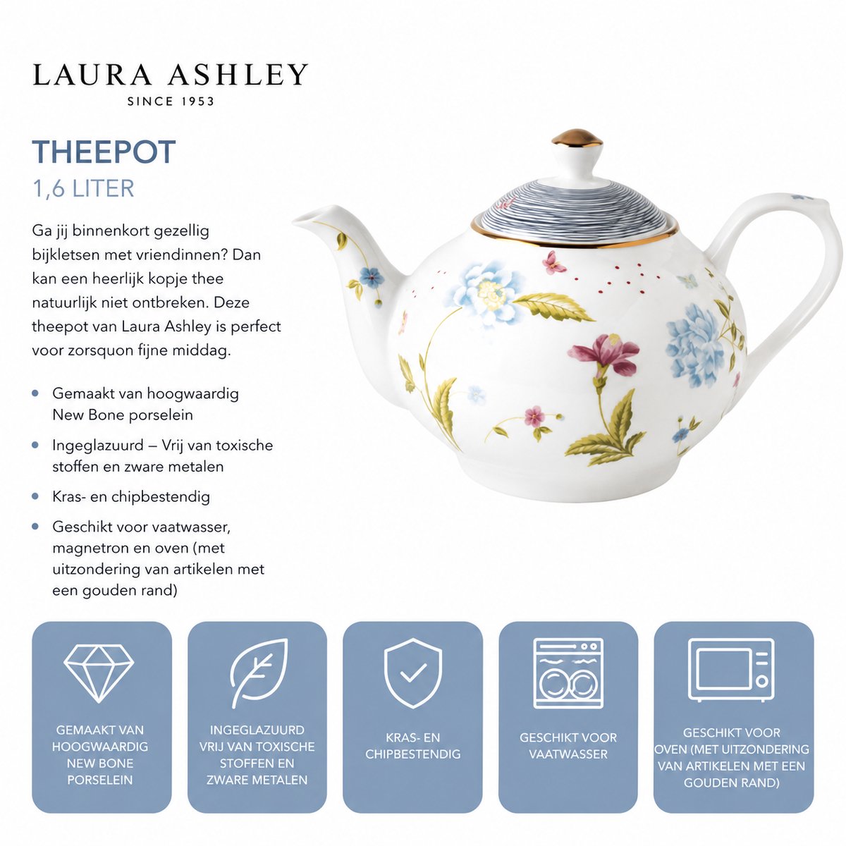Laura Ashley Heritage Collectables Theepot Elveden - Wit - 1,6 liter - Giftset