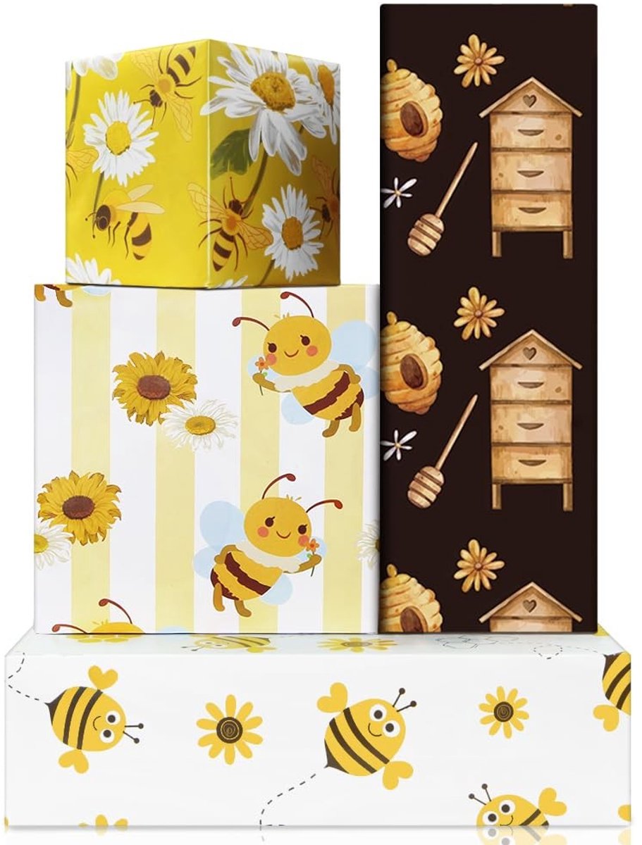 Dailygoods- Inpakpapier Honingbij - 8 Vellen - Cadeaupapier Verjaardag - Decoratief Papier - Baby Shower - 50 x 70 cm per vel