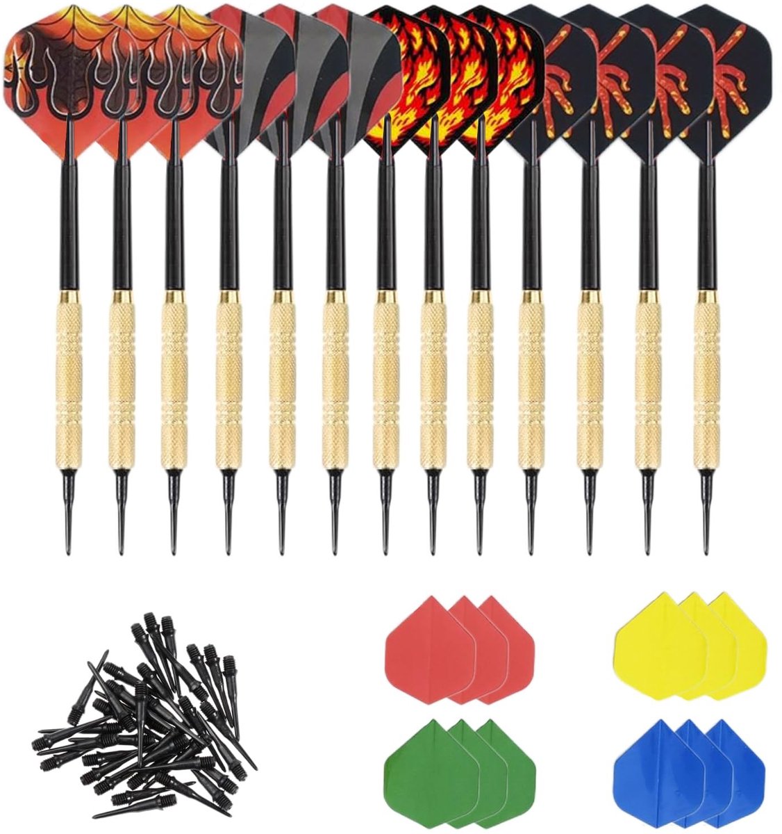 Dailygoods- Dartpijlen 14 gram - Set met 12 stuks - 24 extra flights - 100 kunststof dartpunten - Sport en vrije tijd - Hoogwaardige kwaliteit - Dartset