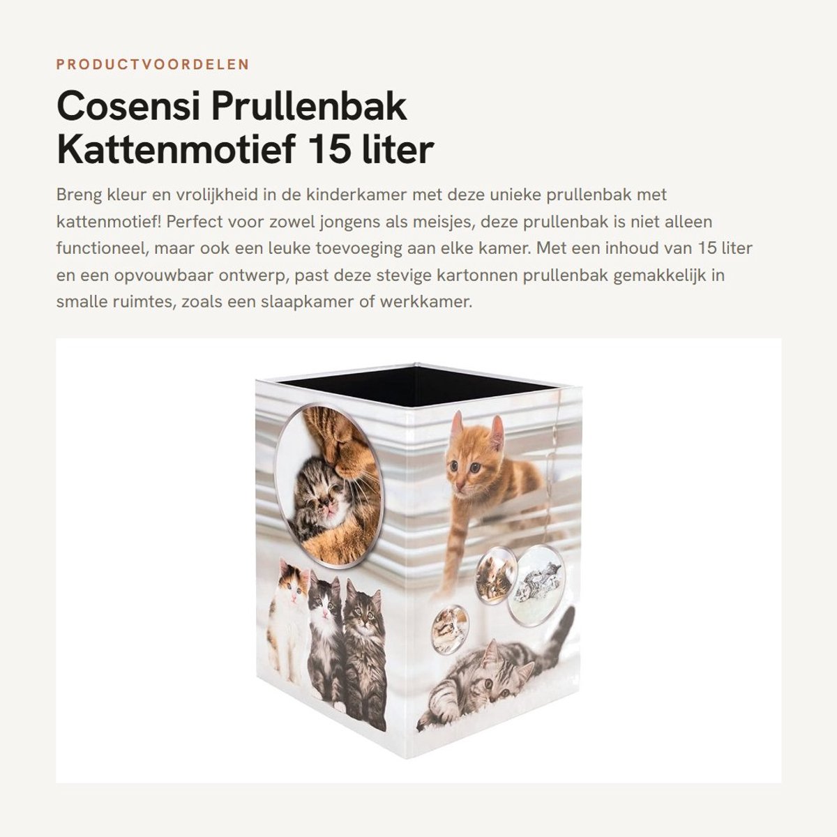 Dailygoods- Prullenbak 15 liter - Opvouwbaar - Stevig Karton - Rechthoekige Afvalemmer - Kinderen - Kattenmotief